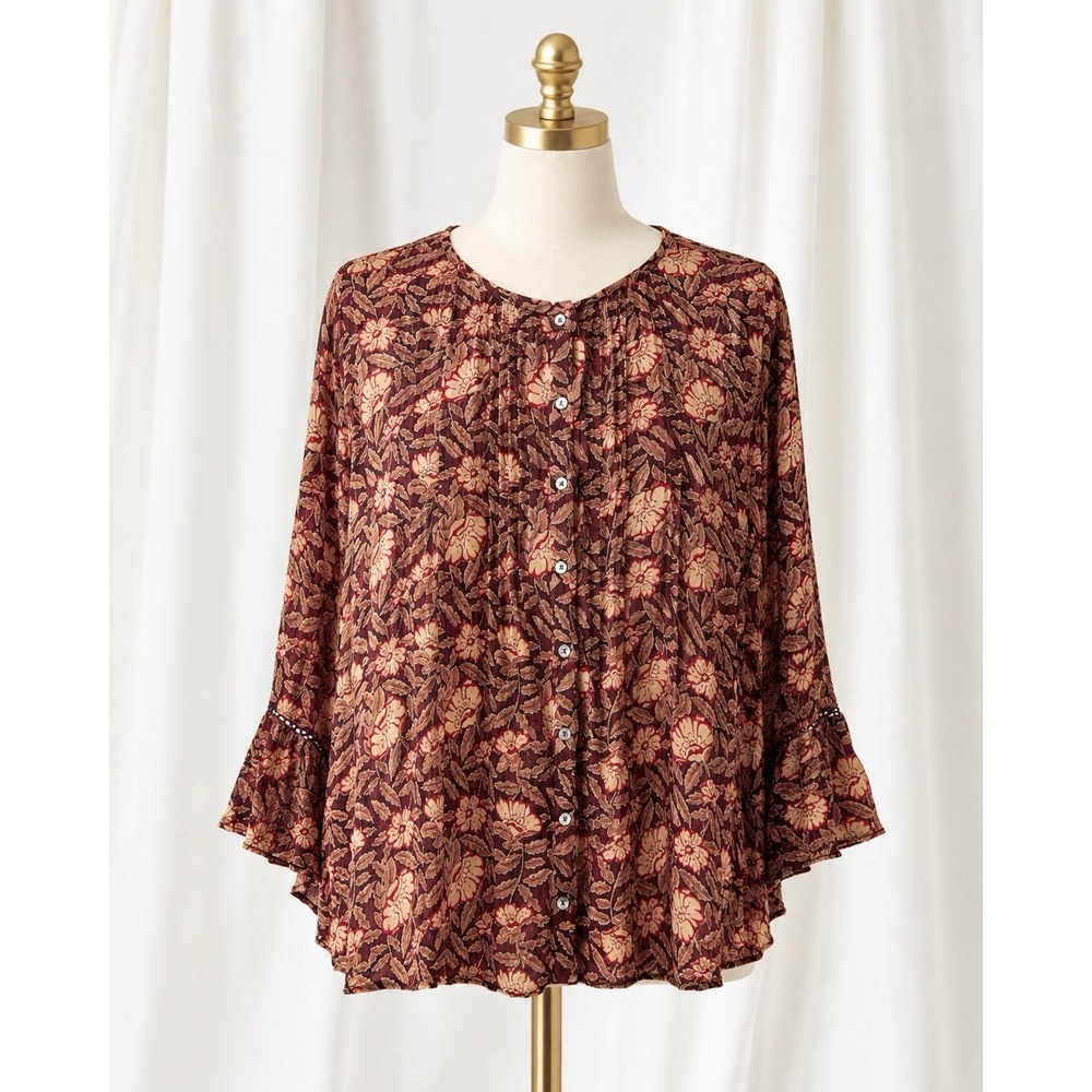 New Soft Surroundings Fall Floral Blouse Button Up Top Boho Metallic Shimmer 3X
